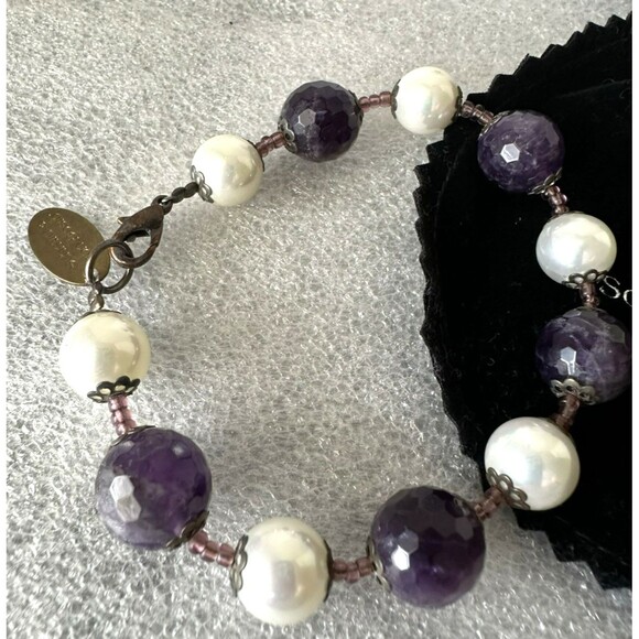 Schmid & Von Bosio Italy Purple Amethyst and Pearl Round Bead Bracelet 7.5" - Picture 4 of 10
